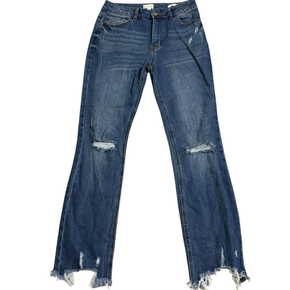 Wonderly midrise slim flare distressed raw hem jeans size 8